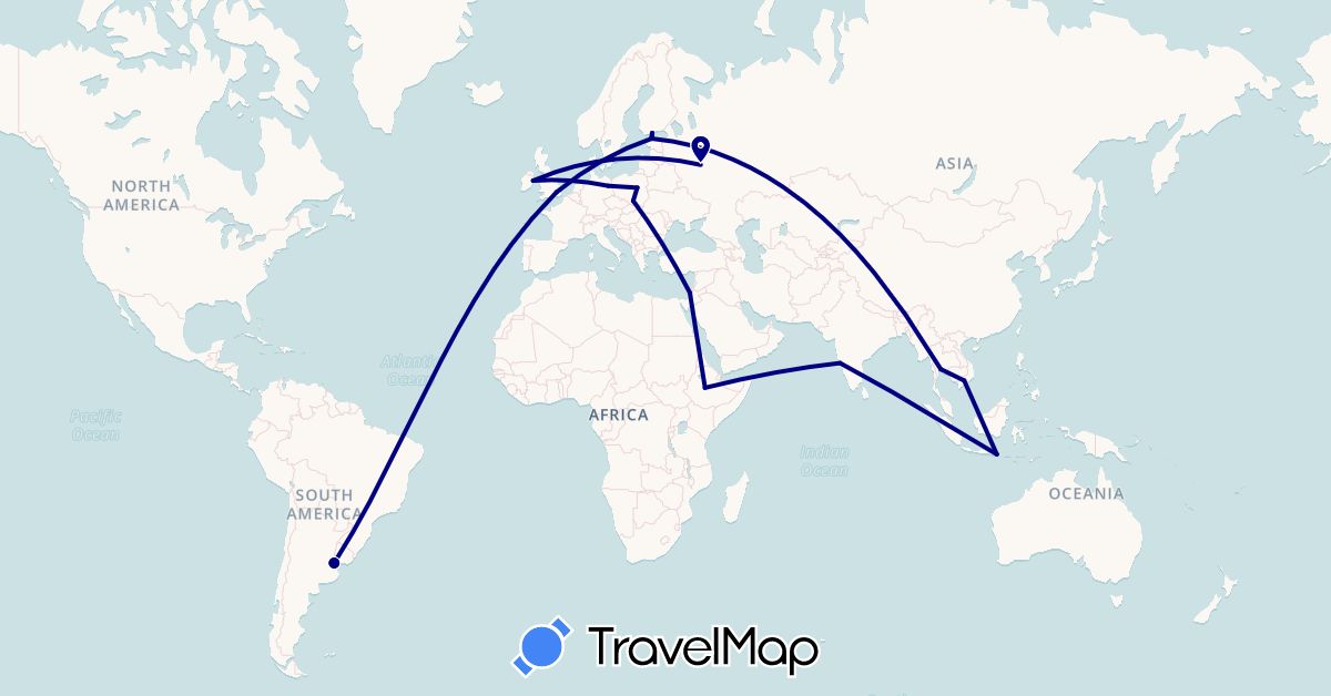 TravelMap itinerary: driving in Argentina, Germany, Estonia, Ethiopia, Finland, United Kingdom, Indonesia, Ireland, Israel, India, Poland, Russia, Thailand, Vietnam (Africa, Asia, Europe, South America)
